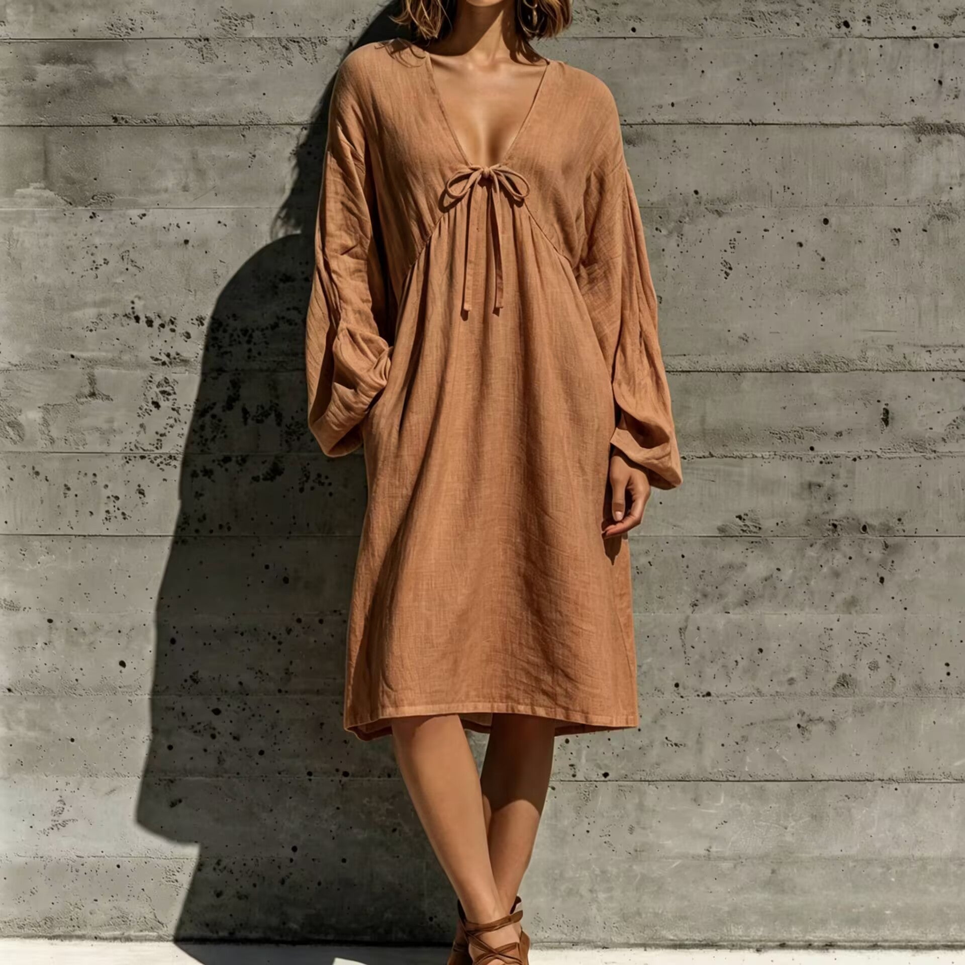 V-Ausschnitt Schnürkleid aus Baumwoll-Leinen