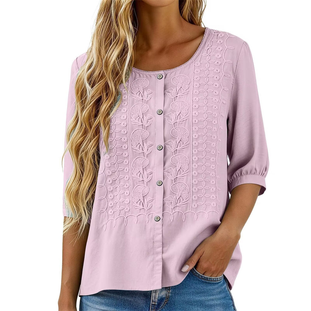 Besticktes V-Neck Shirt aus Baumwoll-Leinen