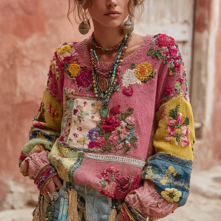 Retro Patchwork Floral Sweatshirt