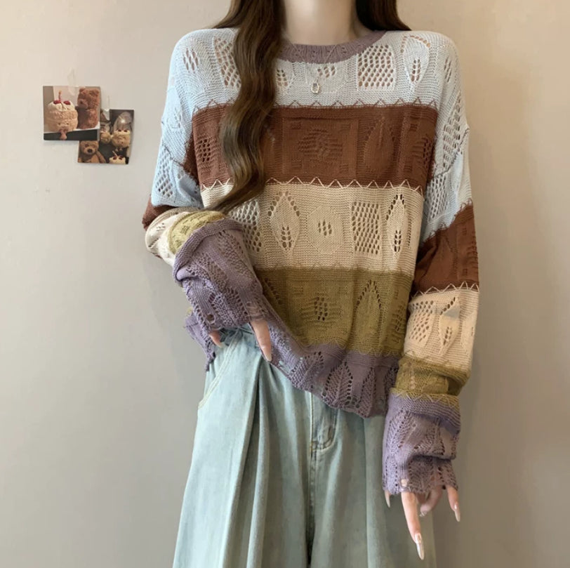 Damen Langarm Strickpullover mit bunten Streifen