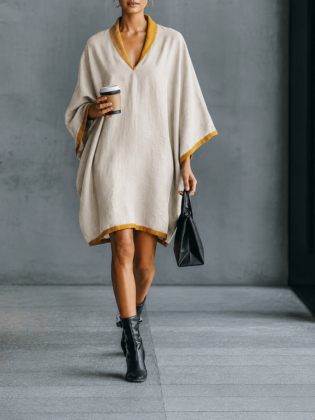 Leinen-Mix V-Ausschnitt Kleid mit Fledermausärmeln – Bild 8 | LuxeStyle