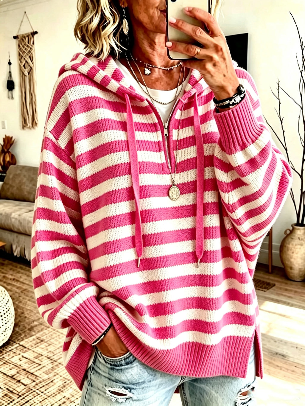 Gestreifter Half-Zip Pullover mit Stehkragen
