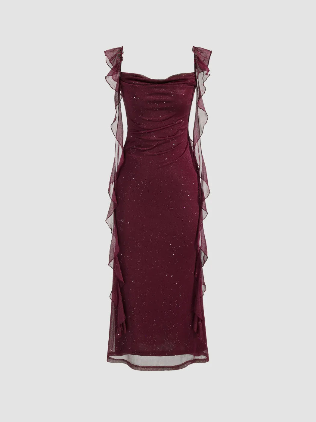 Pailletten Mesh Maxikleid mit Rüschen