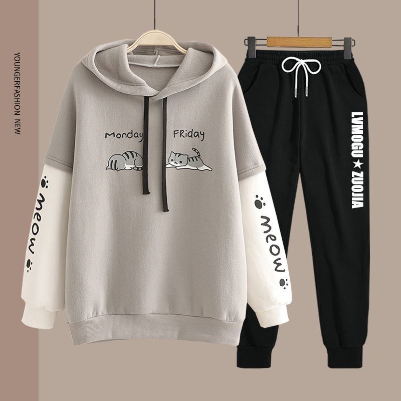 Hoodie-Set mit geradem Bein im Preppy-Stil