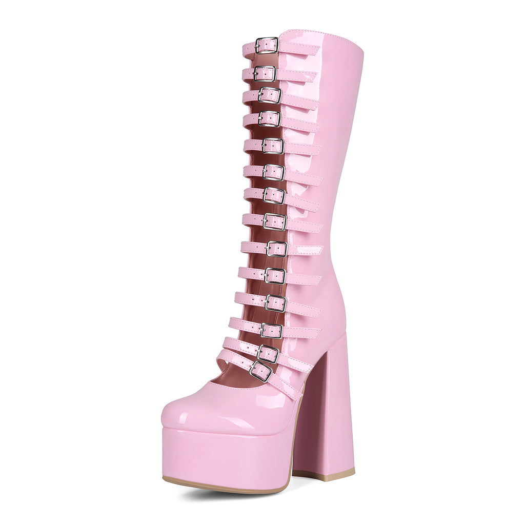 Overknee-Sandalen mit Riemen und Plateauabsatz