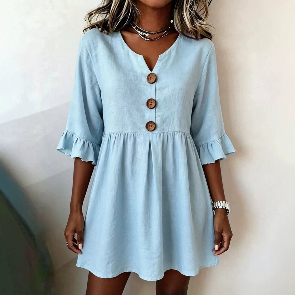 V-Ausschnitt Baumwoll-Leinen Midi-Kleid – Bild 9 | LuxeStyle