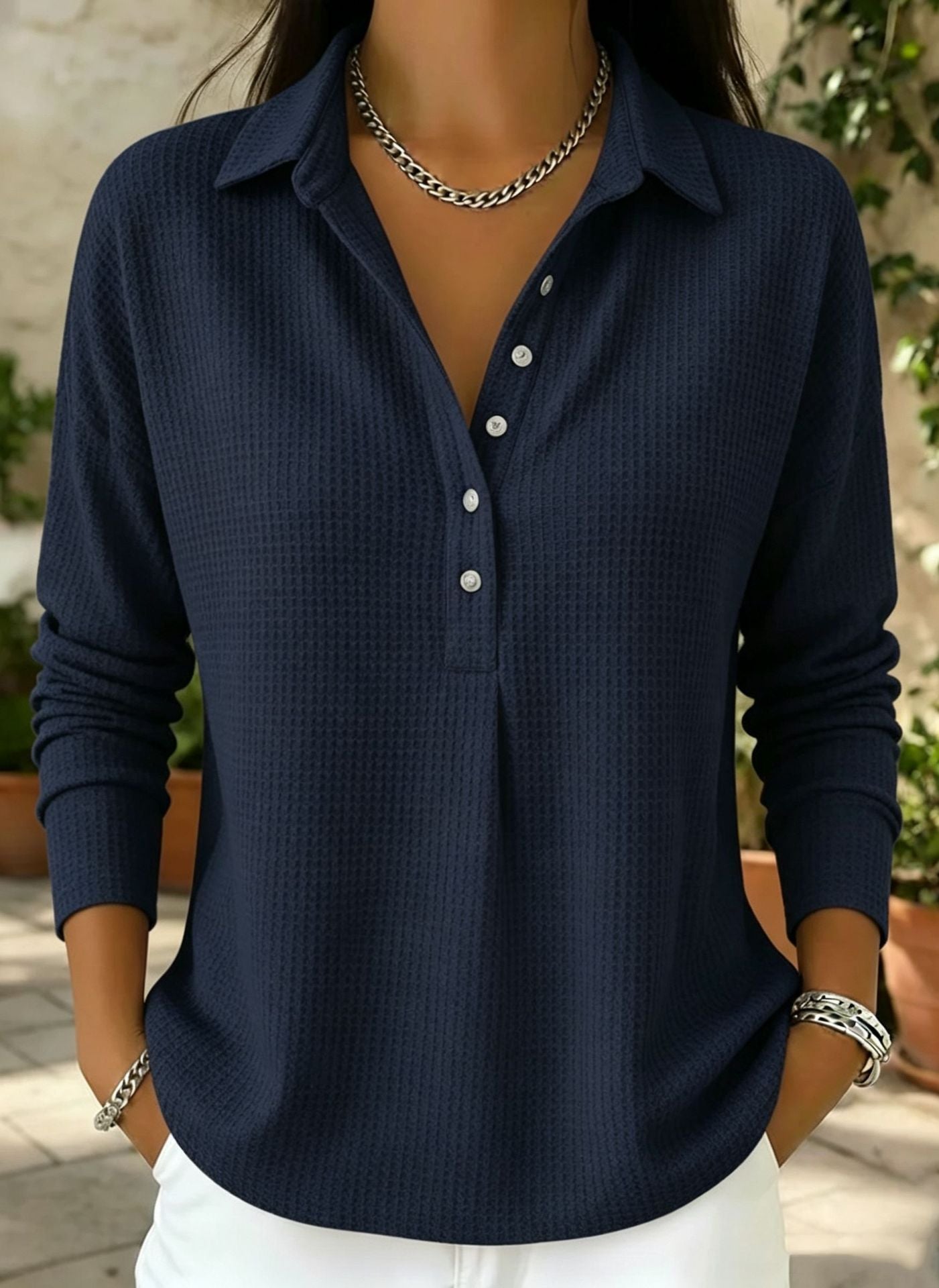 Einfarbige Waffelgewebe-Button-up-Hemd mit Kragen und Langarm