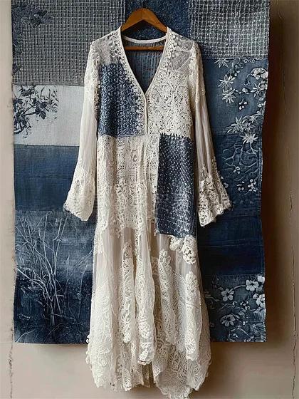 Langes Blumenkleid mit V-Ausschnitt – Bild 4 | LuxeStyle