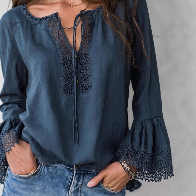 Vintage Langarmshirt mit Spitze aus Baumwoll-Leinen