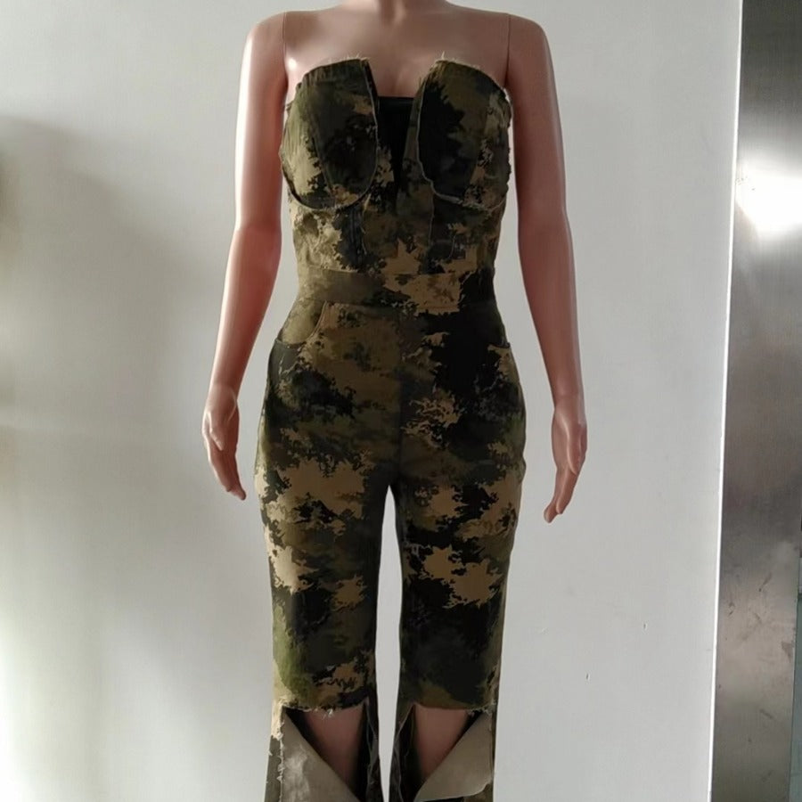 Off-Shoulder Camouflage Jumpsuit