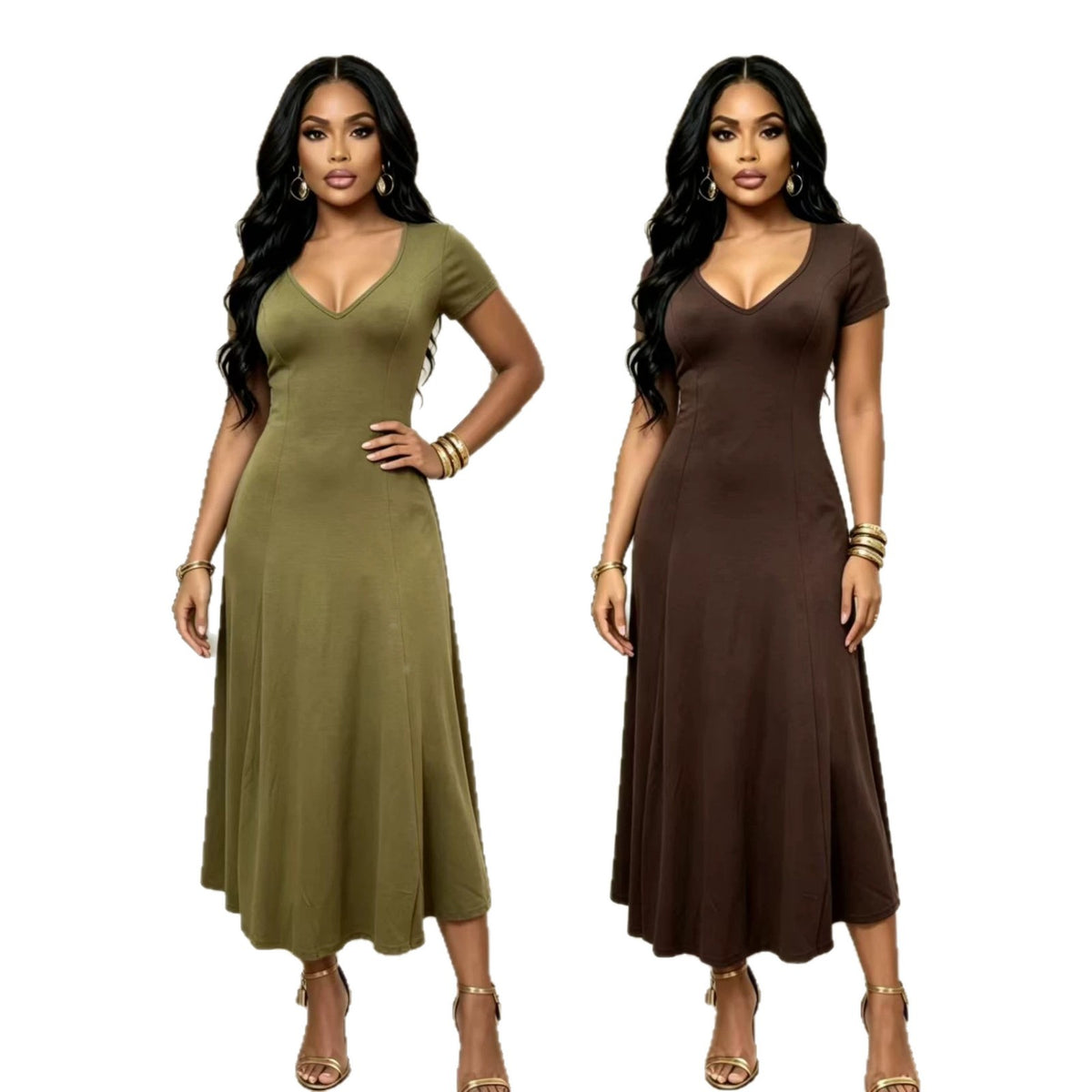 Elegantes V-Neck Maxikleid mit kurzen Ärmeln – Bild 4 | LuxeStyle