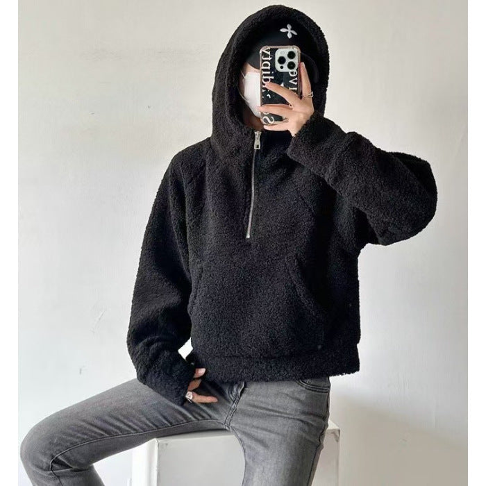 Relaxed Fit Halbzipfel-Hoodie aus Imitat Lammwolle