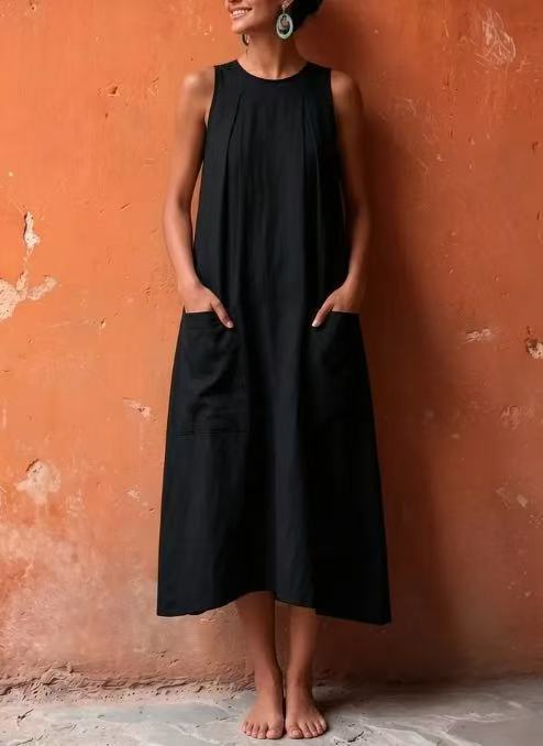 Einfarbiger Kurzarm-Lockerkleid mit Taschen