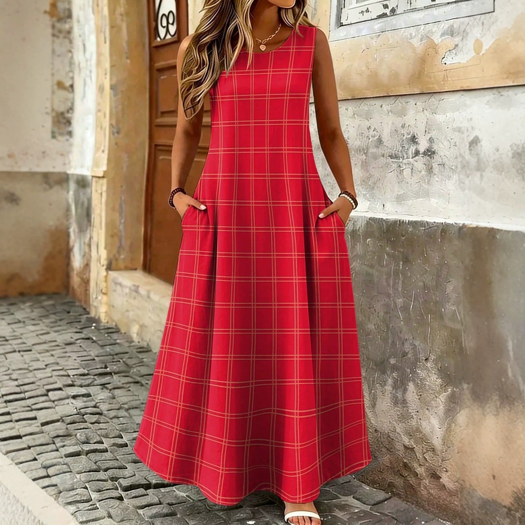 Plaid-Kleid mit Streifenmuster, ärmellos