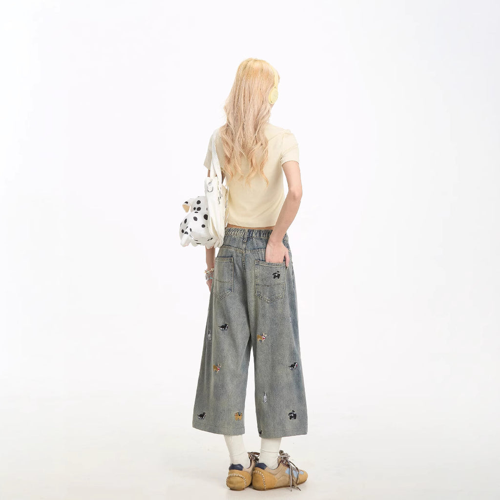 Bestickte Jeansshorts mit Hundemotiv