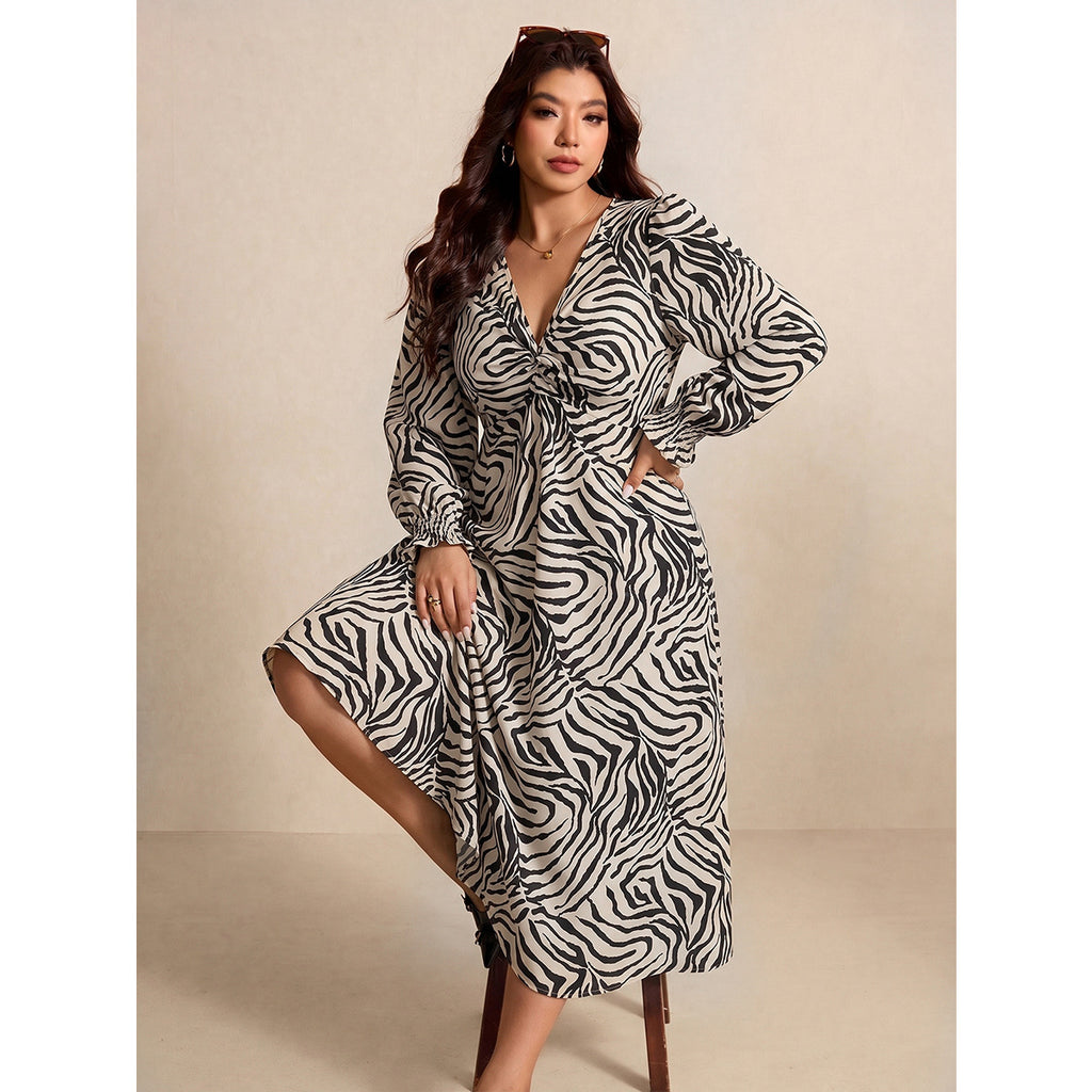 Damen V-Ausschnitt Kleid mit Knoten & Puffärmeln