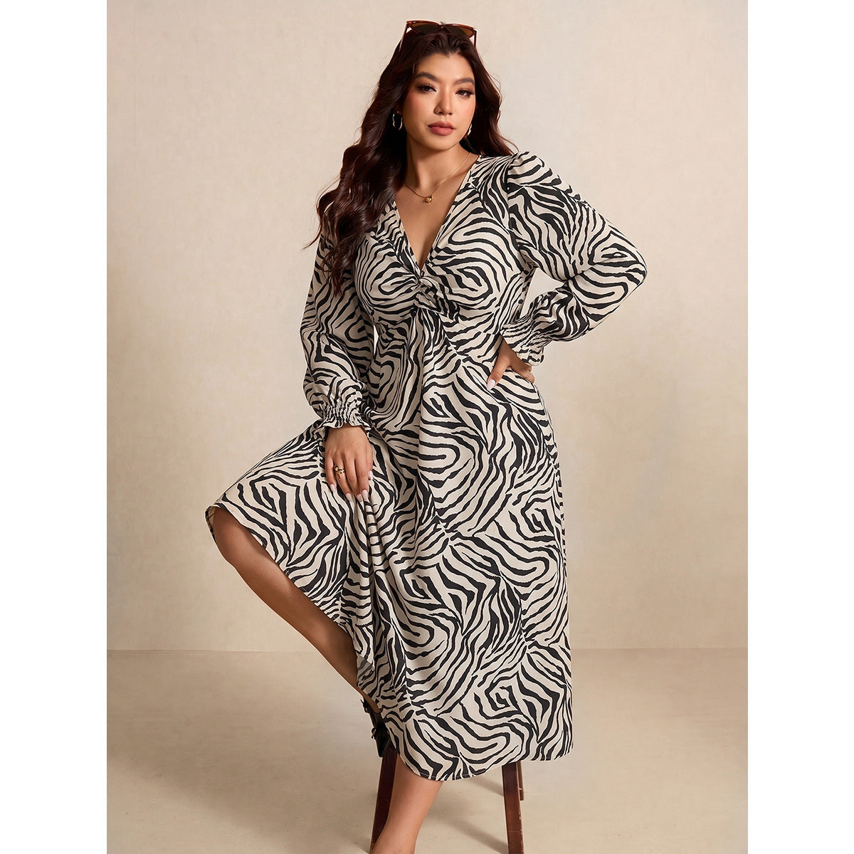 Damen V-Ausschnitt Kleid mit Knoten & Puffärmeln