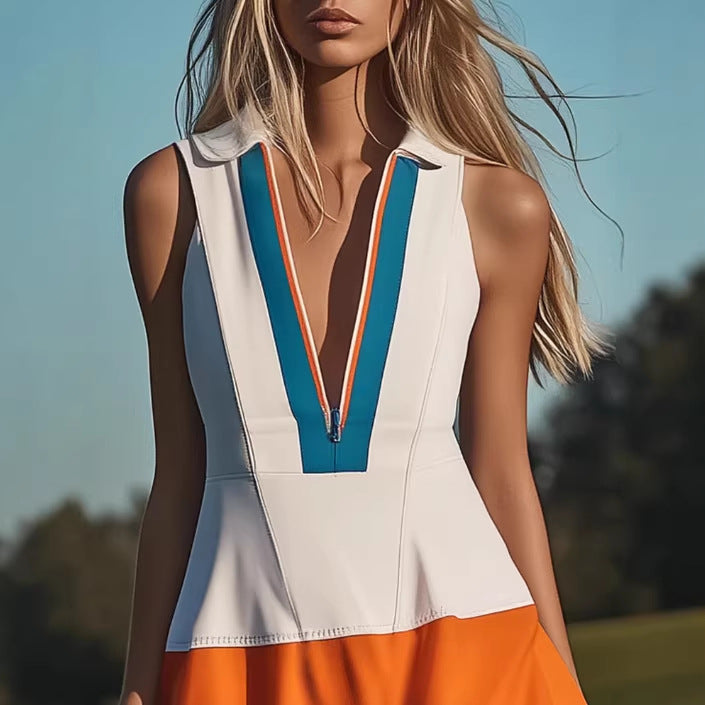 Retro Sporty Mini-Kleid Weiss-Orange Ärmellos | LuxeStyle
