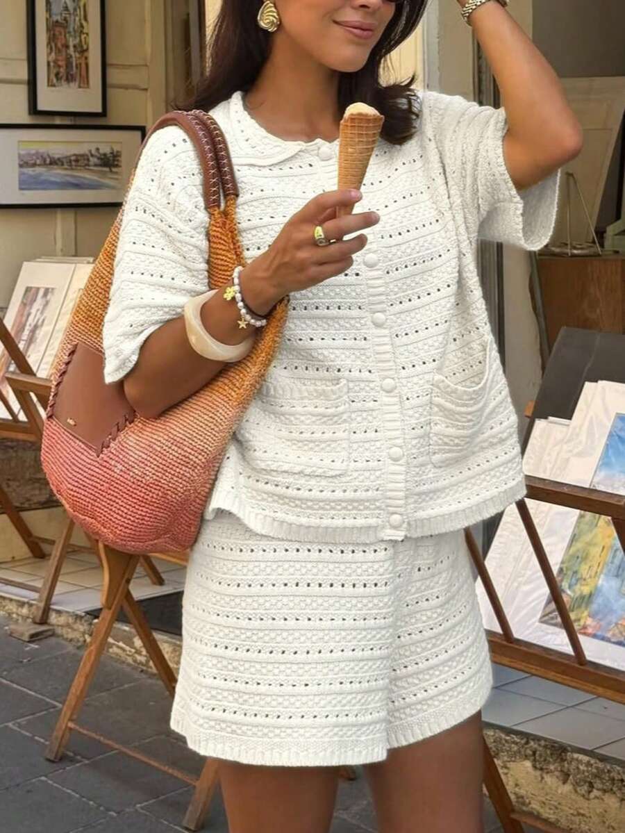 Kurzarm Strick-Cardigan & Shorts 2-teiliges Set