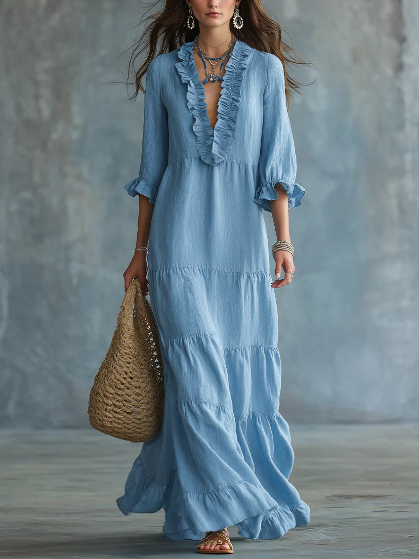 V-Ausschnitt Maxi-Kleid mit Rüschensaum – Bild 12 | LuxeStyle