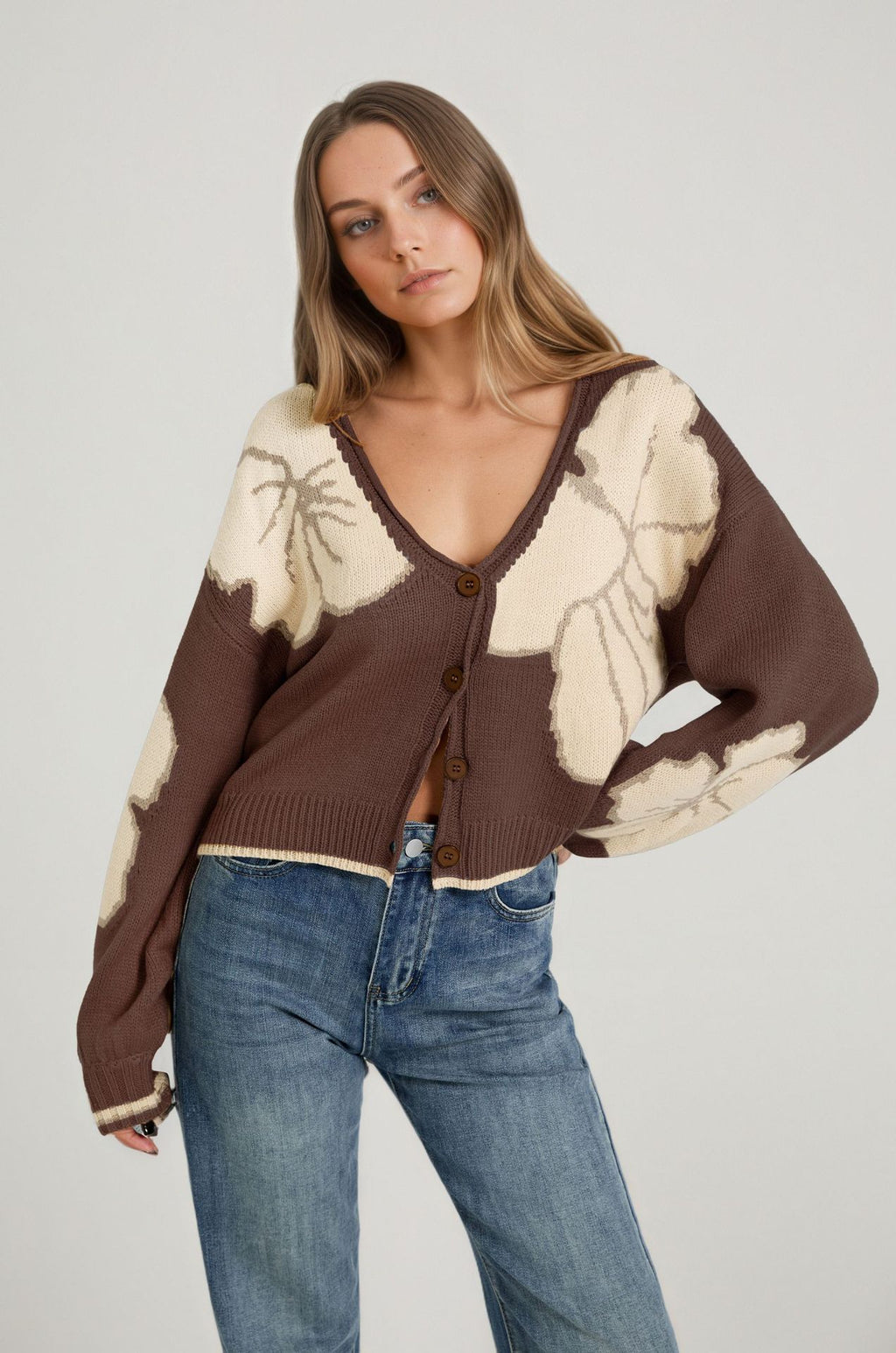 Jacquard Color-Block Strick-Cardigan für Damen