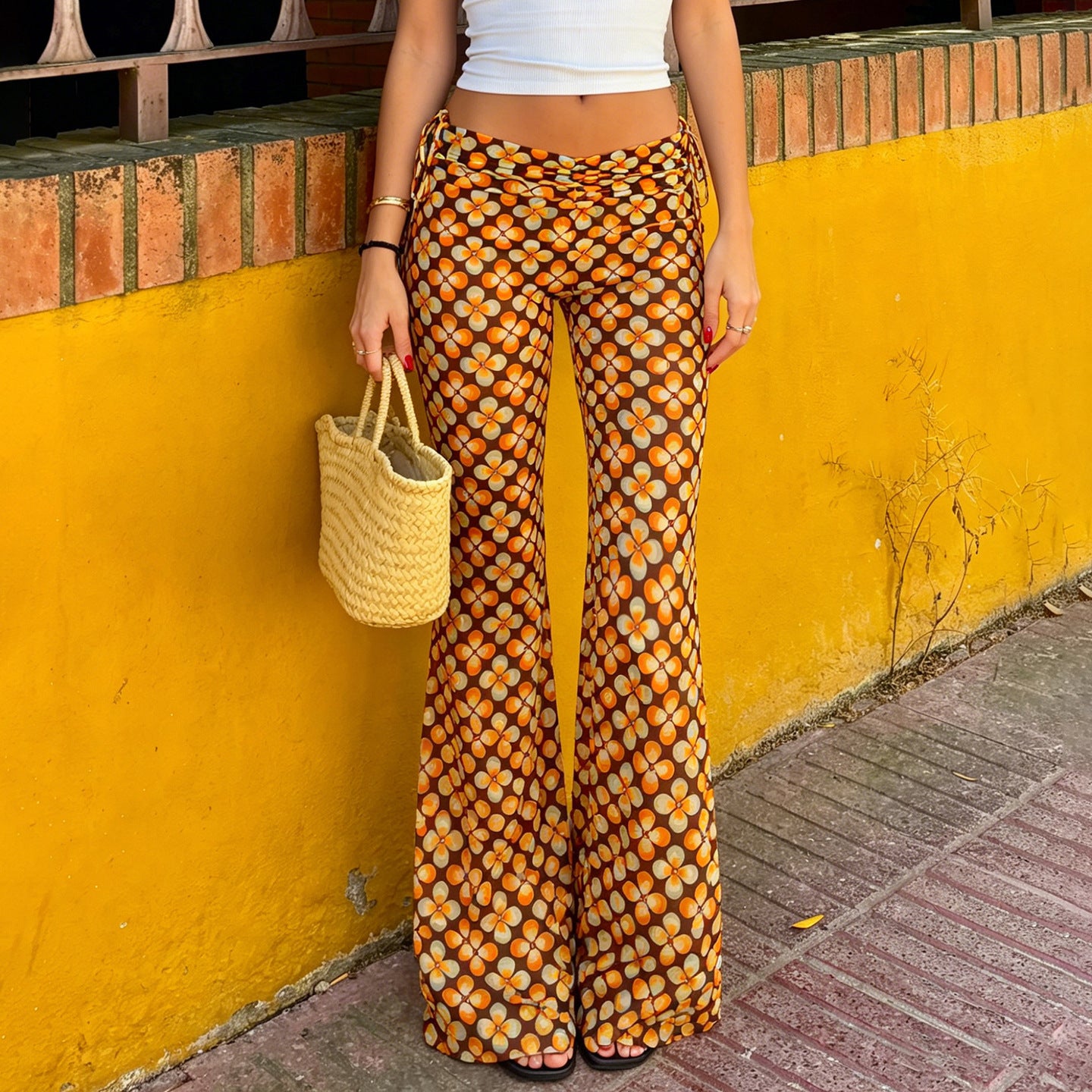Retro Gelbe Low-Waist Stretch Hose für Damen