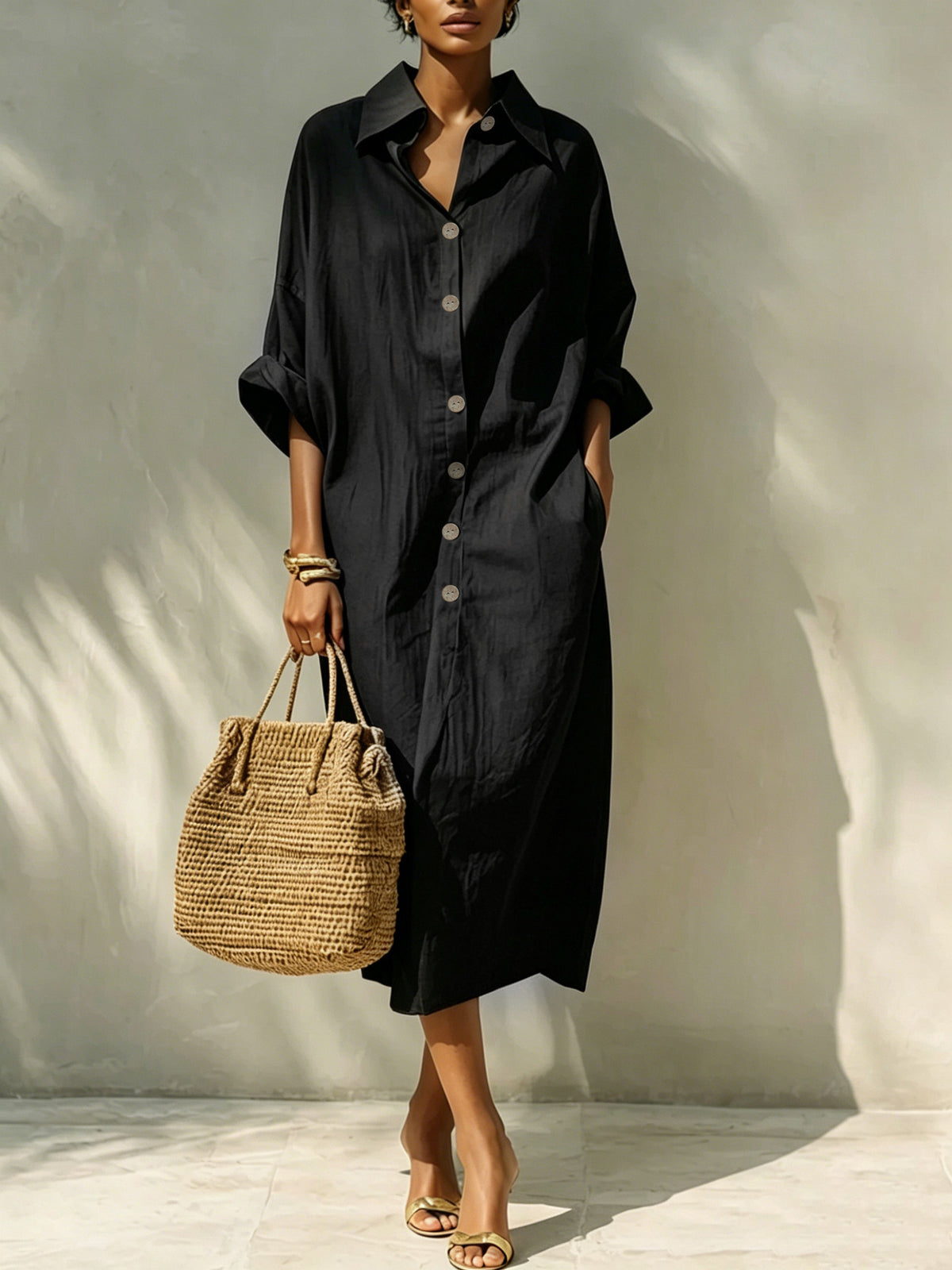 Langes Hemdblusenkleid mit Revers für Damen – Bild 7 | LuxeStyle