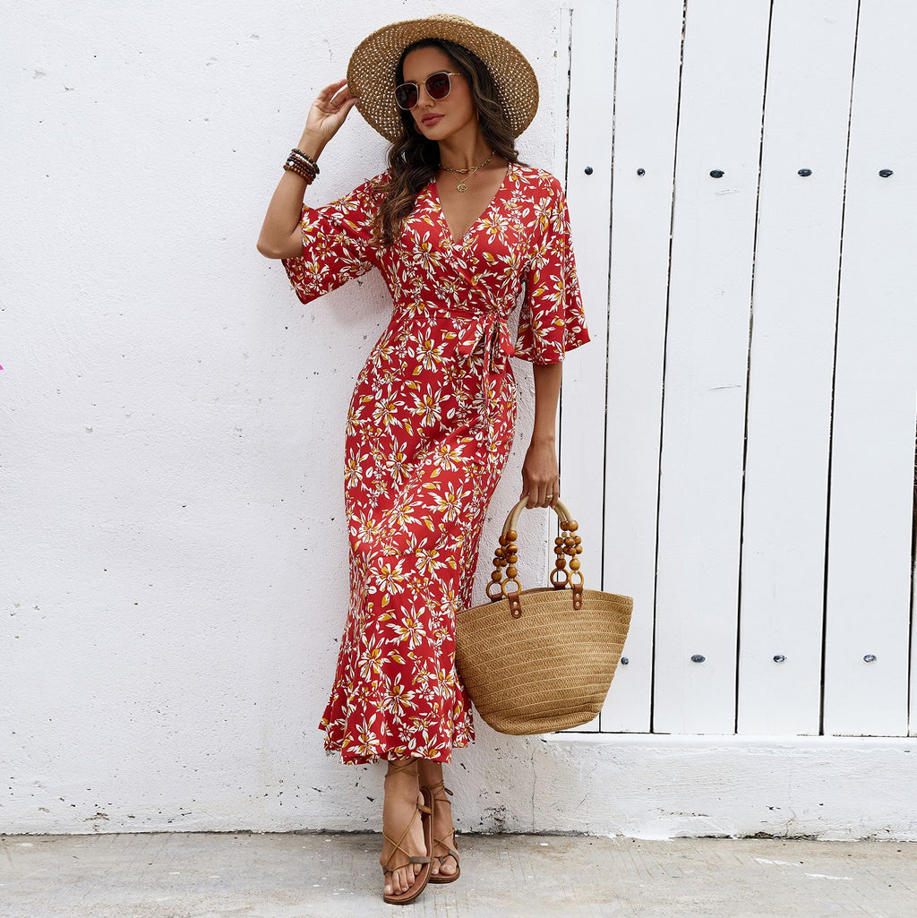 Boho-Vintage Etuikleid mit halbem Arm