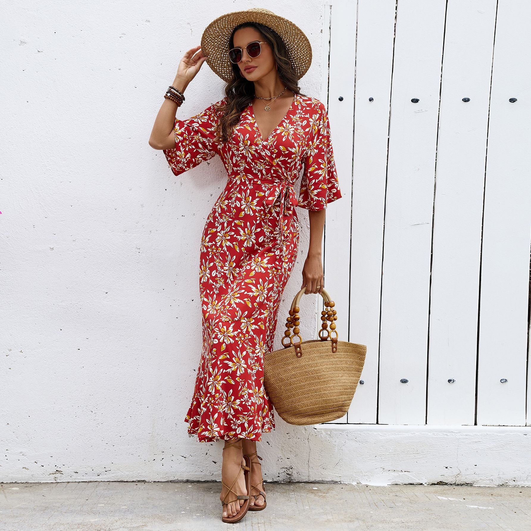 Boho-Vintage Etuikleid mit halbem Arm