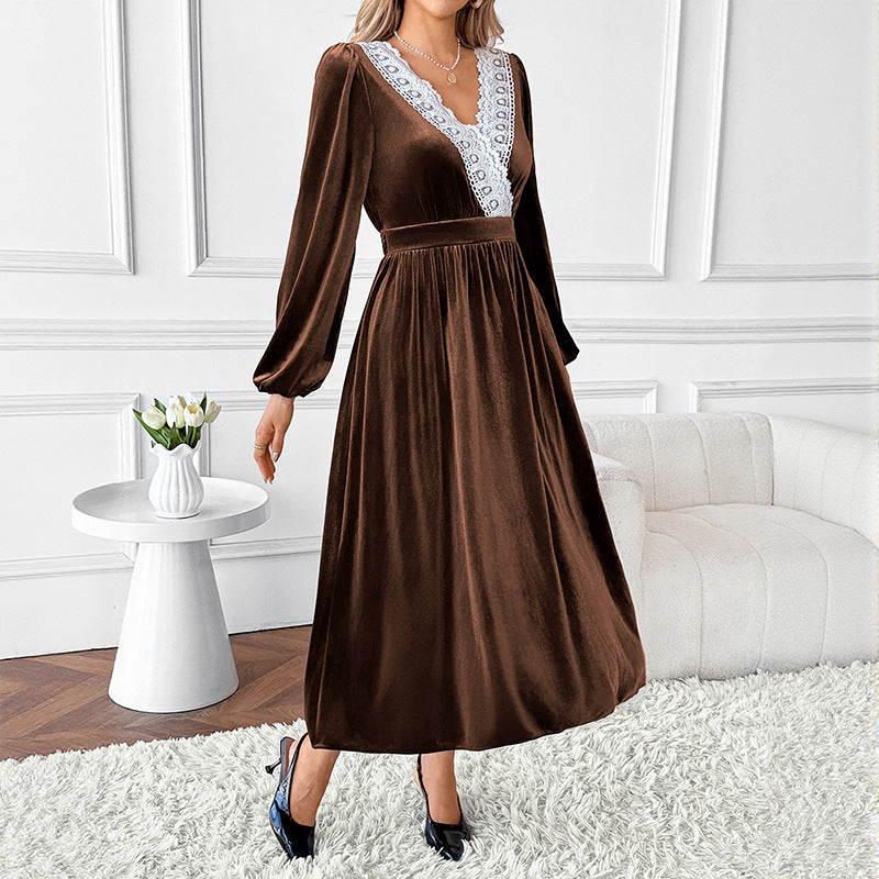 Braunes Spitzen-V-Neck-Maxi-Kleid – Bild 6 | LuxeStyle