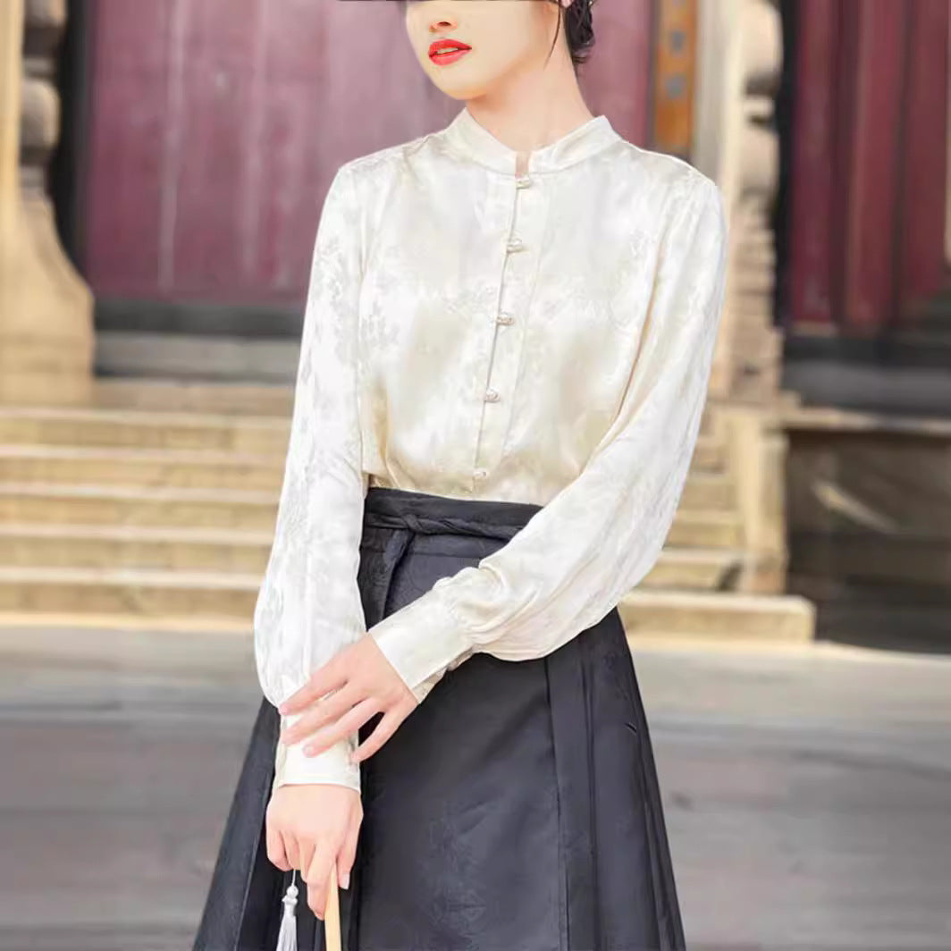 Damen-Shirt mit Mandarinenkragen und Knopfleiste – Bild 5 | LuxeStyle