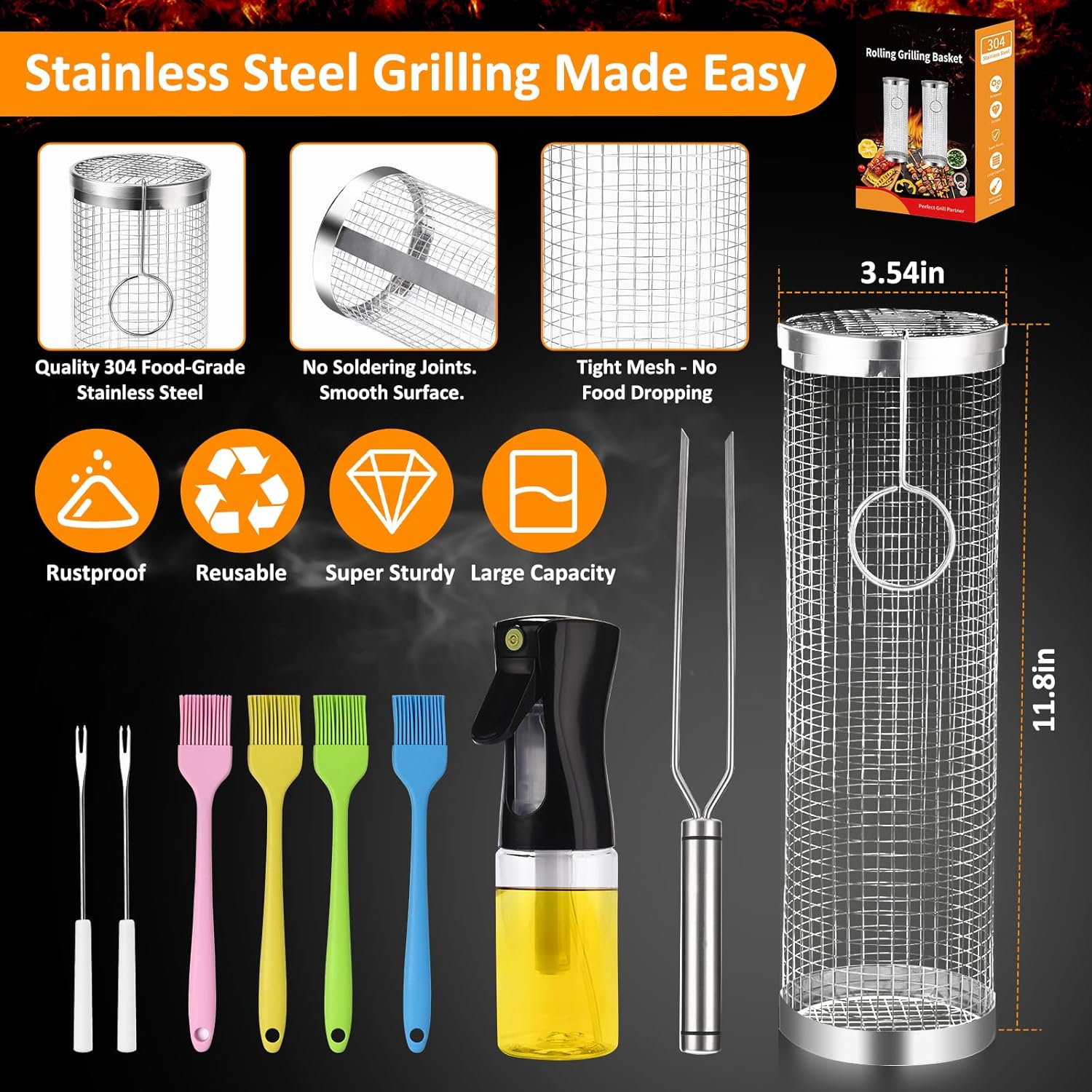 Rollender Grillkorb-Set aus Edelstahl – Ansicht 7