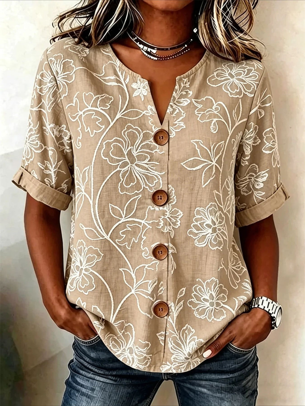 Damen-Bluse mit Laternenärmeln und 3D-Druck