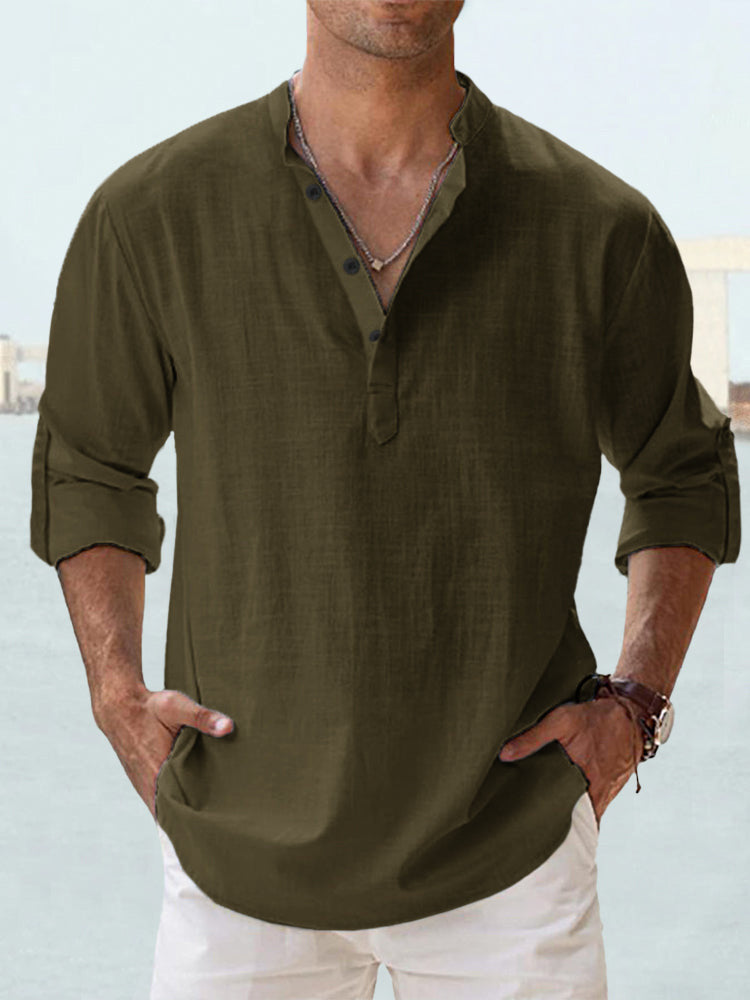 Männer-Linen-Long-Sleeve-Top mit Stand-Up-Hals – Bild 2 | LuxeStyle