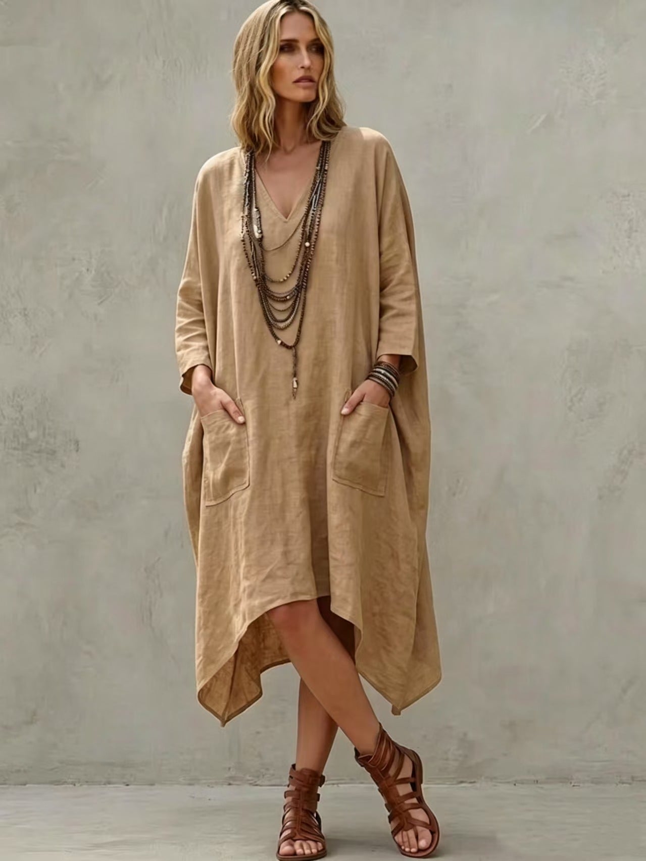 Lässiges V-Neck 3/4-Arm Kleid