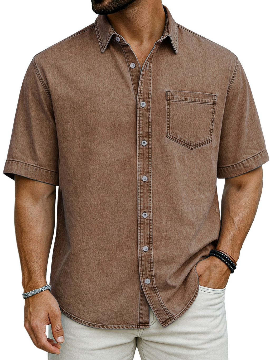 Herren Kurzarm-Casual-Shirt Sommer Sandgewaschen
