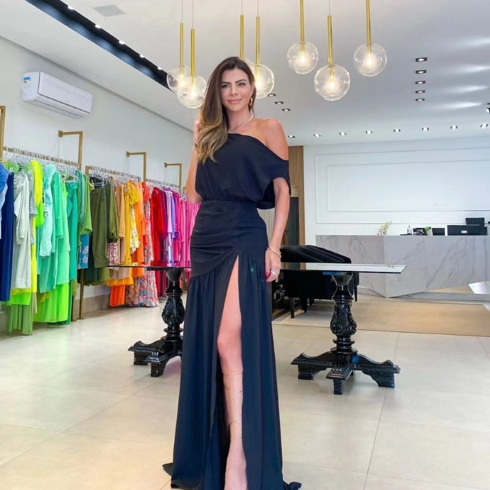 Off-Shoulder Maxi-Kleid mit Taillengürtel und Schlitz – Bild 7 | LuxeStyle