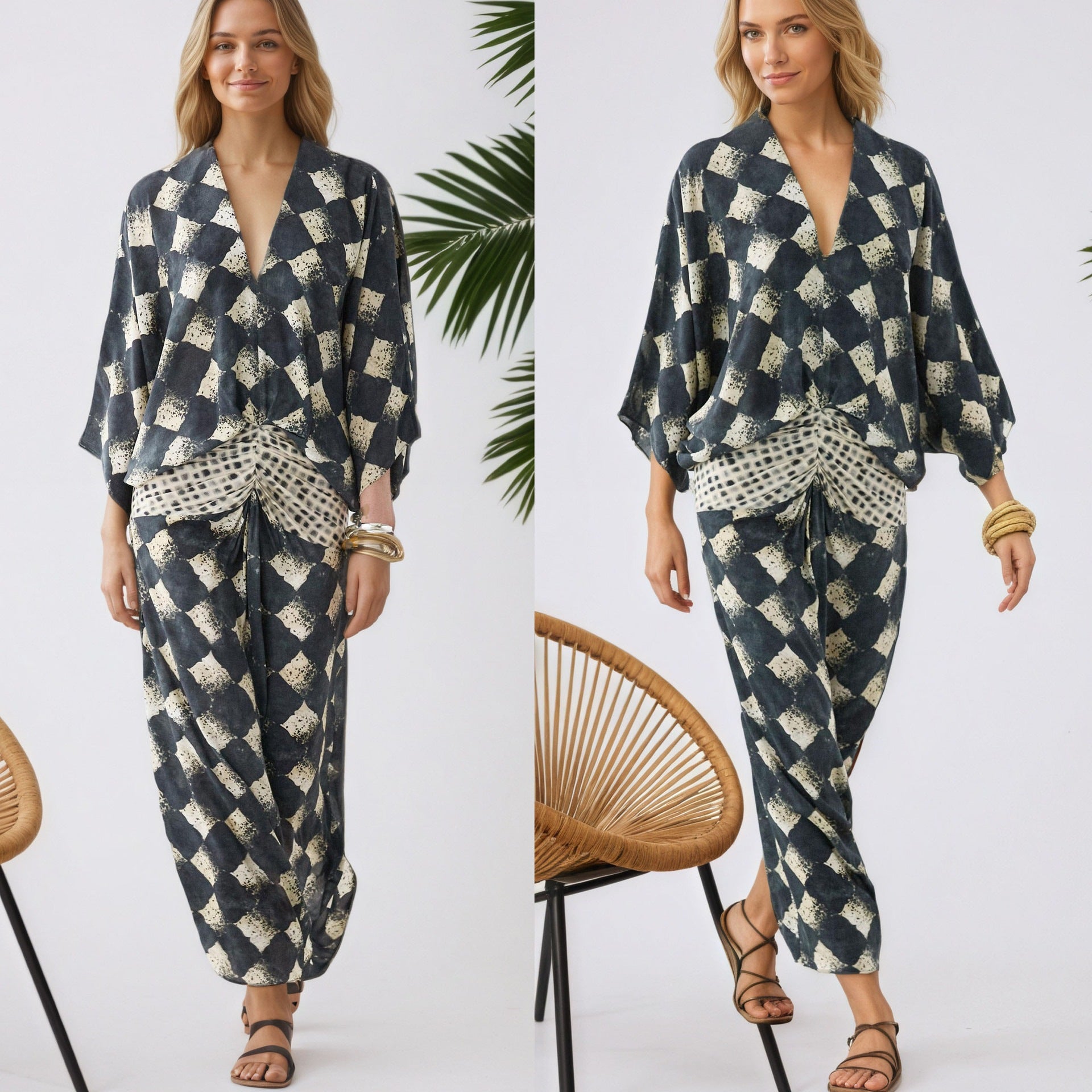 Fledermausärmel-Kleid mit Geometrie-Print
