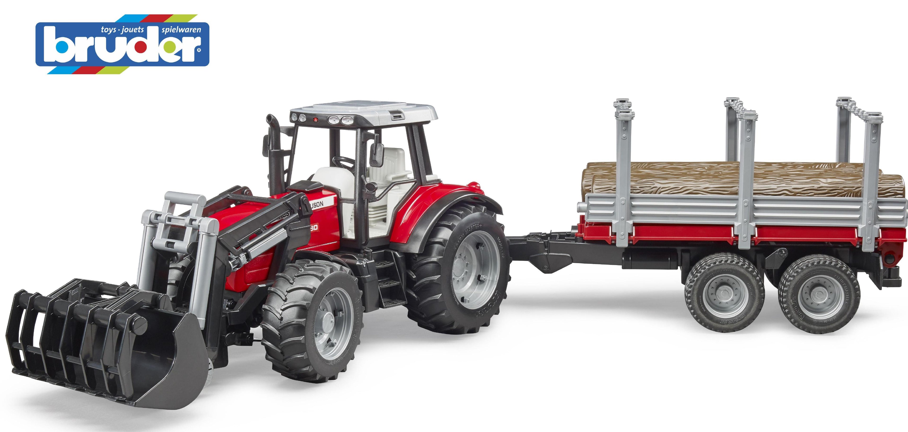 Massey Ferguson 7480 mit Frontlader und Holztransportanhänger