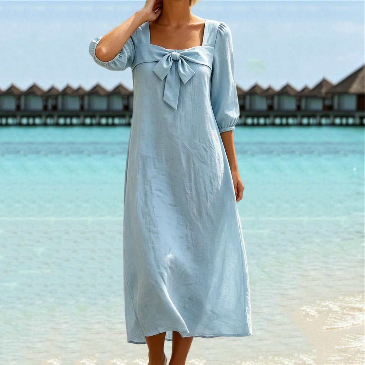 Baumwoll-Leinen Casual-Kleid mit Schleife – Bild 2 | LuxeStyle