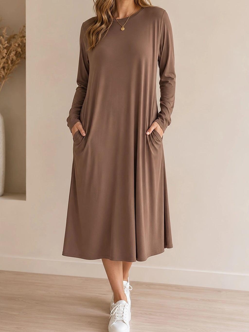 Einfarbiges Langarm-Kleid