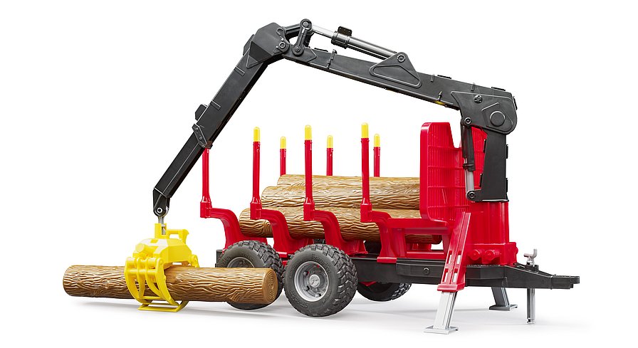 Rückeanhänger mit Ladekran, 4 Baumstämmen und Holzgreifer