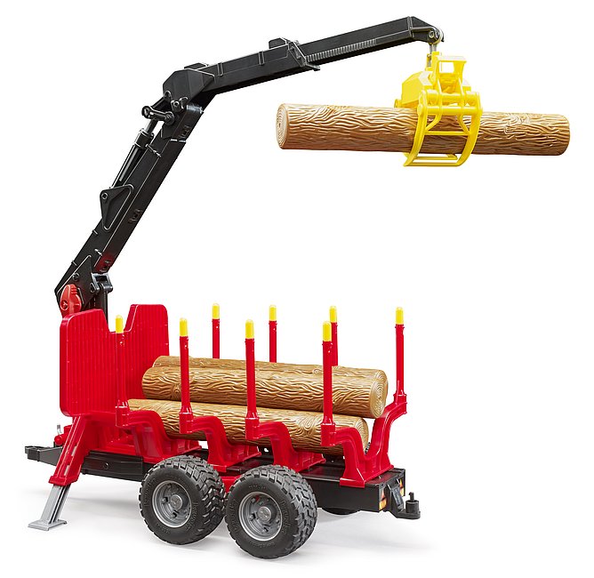 Rückeanhänger mit Ladekran, 4 Baumstämmen und Holzgreifer