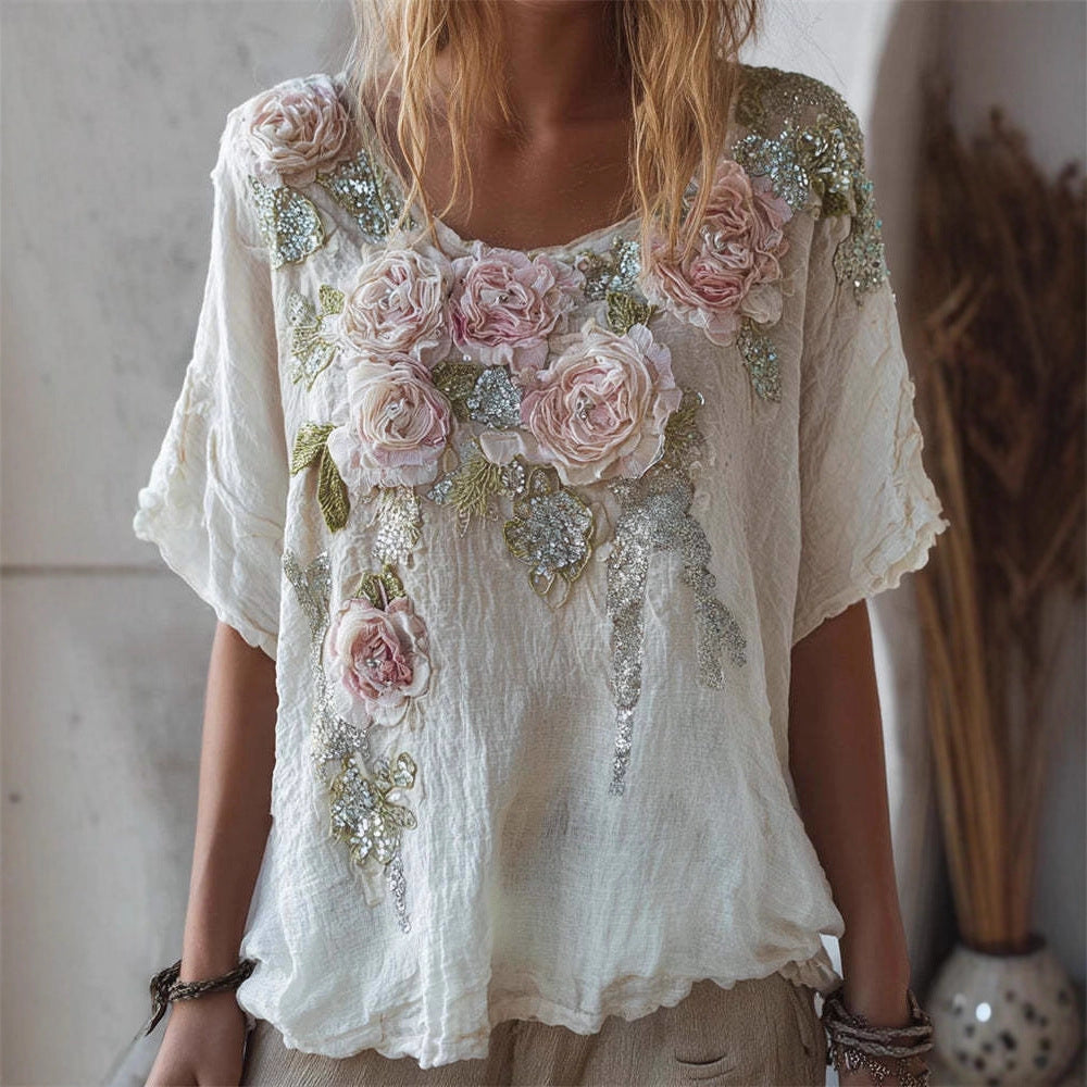 Kurzarm-Top mit Jacquard-Print und schräger Schulter