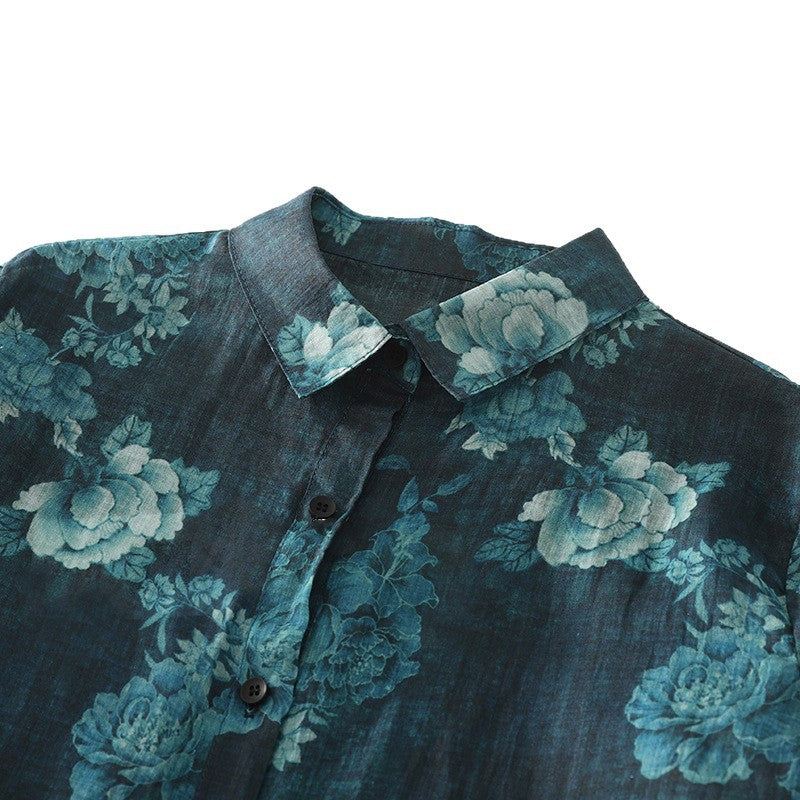 Vintage Baumwoll-Leinen Langarmshirt Damen