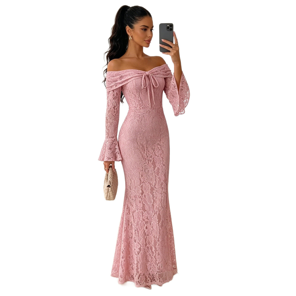 Damen Spitzenkleid Langarm Off-Shoulder