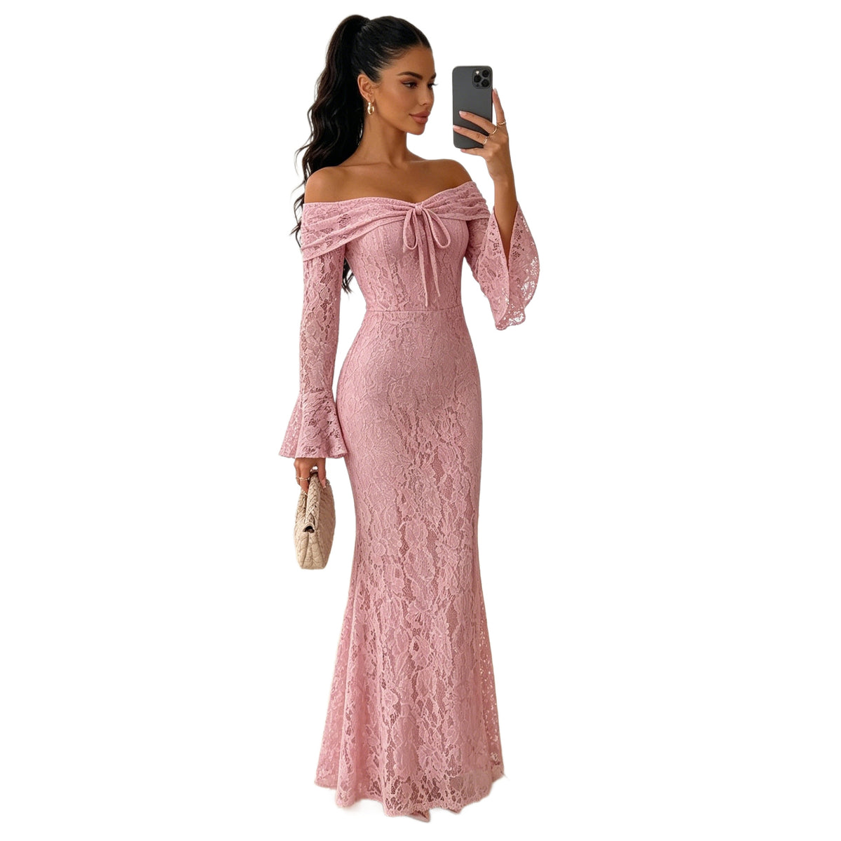 Damen Spitzenkleid Langarm Off-Shoulder