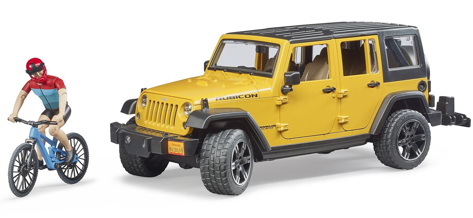 Jeep Wrangler Rubicon Unlimited mit Mountainbike und Radfahrer