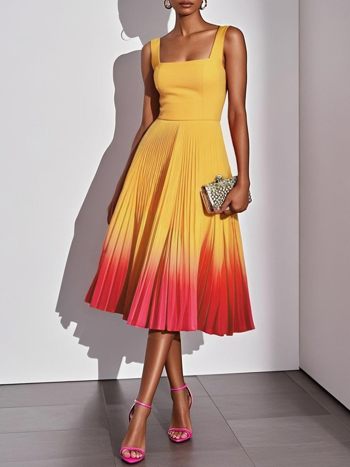 Midikleid mit eckigem Ausschnitt und Plissees – Bild 3 | LuxeStyle