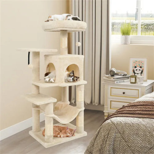 44" Katzenbaum mit Top-Plattform und Hängematte – Beige – Bild 1 | LuxeStyle
